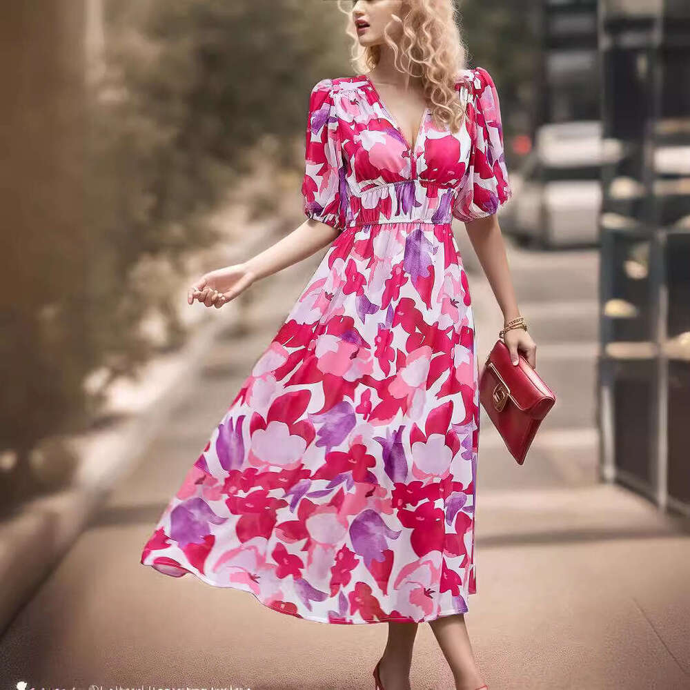2025 Summer European and American Cross-Border Waist-Cinching Elegant V-Neck Printed Long Dress