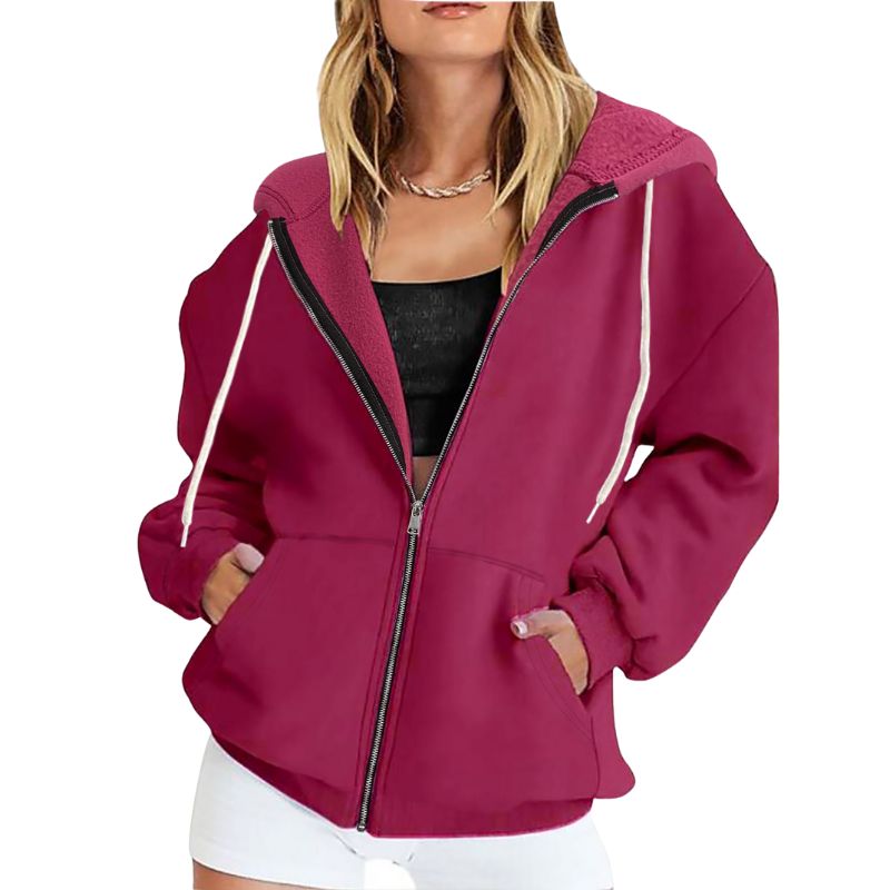 Women's Autumn & Winter New Solid Color Fleece - Lined Hooded Sweatshirt Jacket, Zipper Plus Size Casual Fashion Outerwear-YL23463