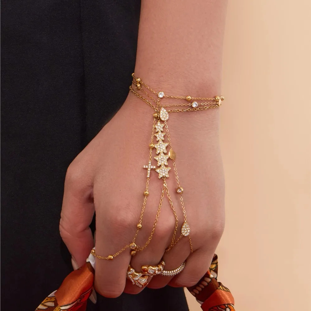 Dainty Hand Chain Bracelet In Stainless Steel 18k Gold Plated With Cubic Zirconia Shiny Zircon Handchain Bracelets For Women 250922