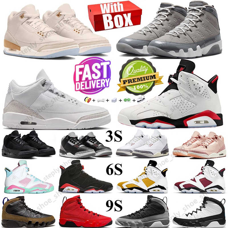 With Box 3s 6s 9s Basketball Shoes For Mens Womens Pure Money Fire Red White Cement Reimagined Cool Grey Black Infrared Doernbecher Trainers Sports Outdoor Sneakers