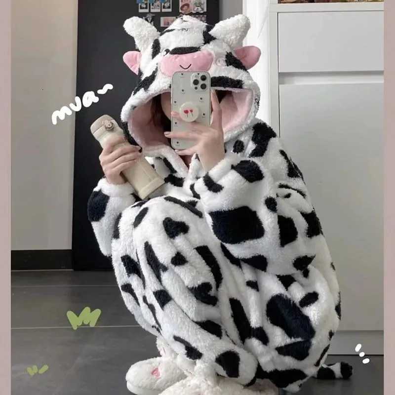 2024 New Cow Coral Fleece Pajama women Autumn Winter Sleepwear Fleece Thick Cute Flannel Loungewear Set Round Collar Homewear Z250925