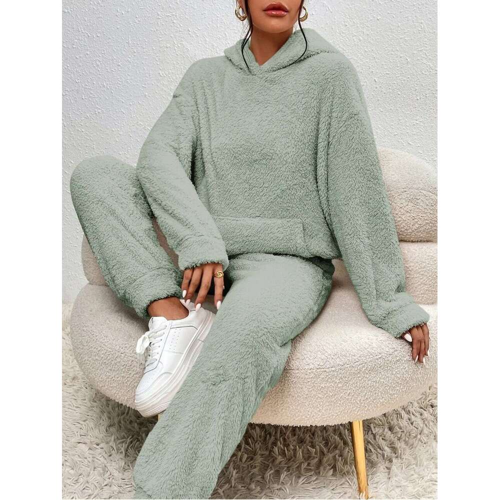 Cross-Border Autumn Winter New European and American Casual Women's Clothing Solid Color Plush Hooded Sleeve Long Pants Set for Women