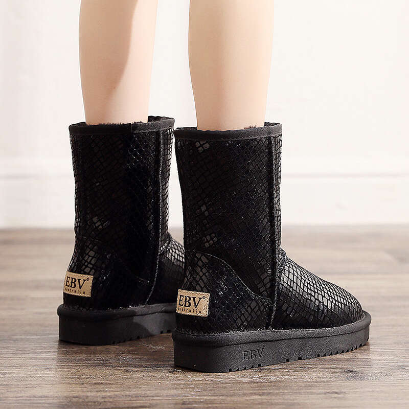 Snow Boots for Women, Mid-Calf, Waterproof, Non-Slip, Sheepskin, Warm, Fleece-Lined, Thickened, Loafers, Women's Cotton Shoes