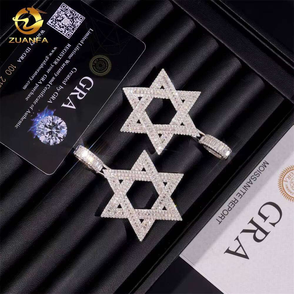 Hip Hop Moissanite Jewelry David of Iced Out Baguette Star Shape Pendant 925 Silver VVS D Moissanite Diamond Fine Charm Pendant