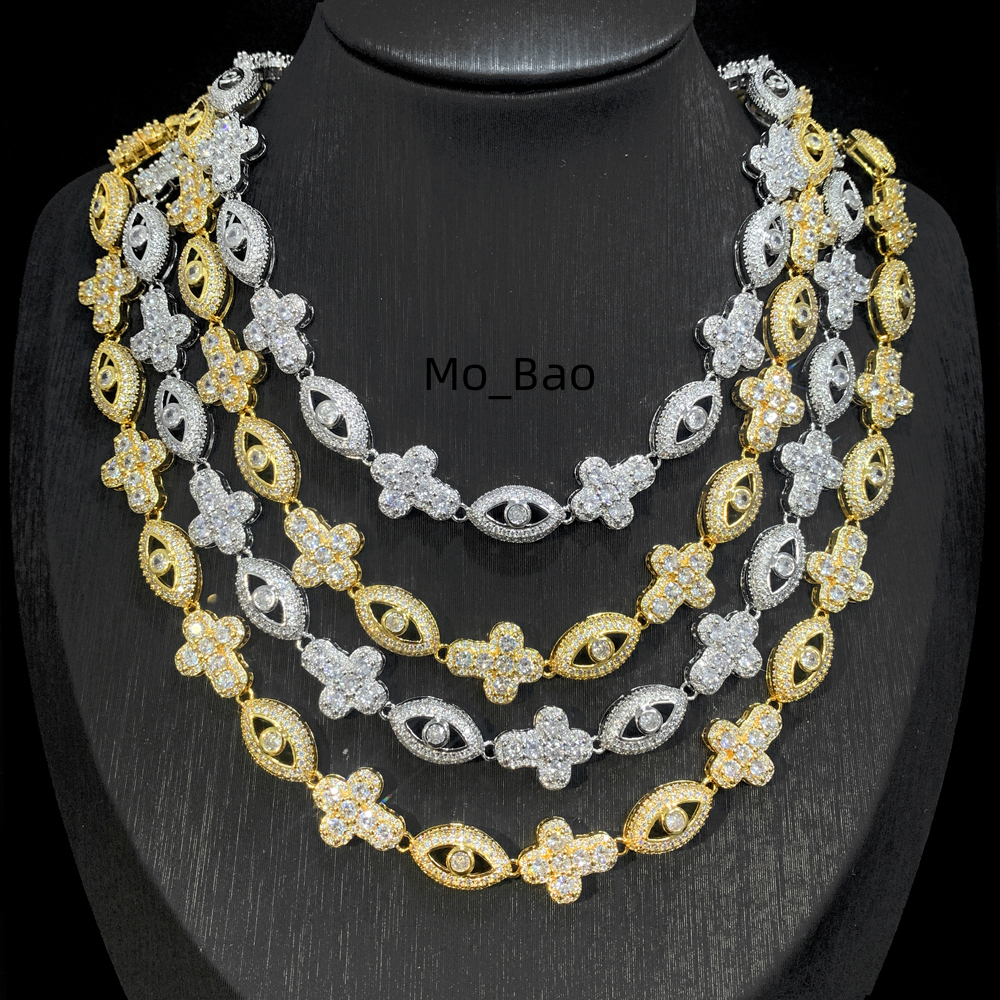 Bling Rhodium Plated Men Boy Hip Hop Jewelry Micro Pave 5A Cubic Zirconia CZ Evil Eye Cross Necklace