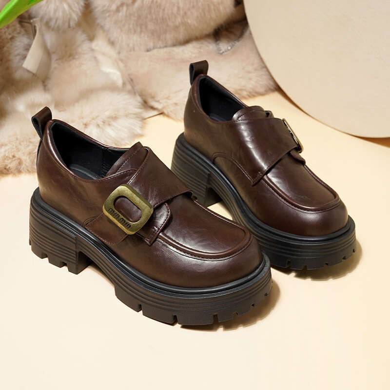 Hidden Wedge 8cm Loafers 024 New British Style Thick Sole Designer Shoe Slip-On Women's Leather Shoes for Petite Women in Autumn Black