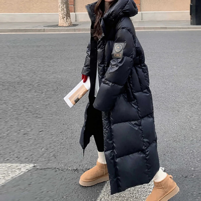 ITOOLIN Women Mock Neck PU Down Coat Zipper Thicken Long Coat Oversize Loose Hooded Down Coat Women Casual Parkas Fall Winter 250917