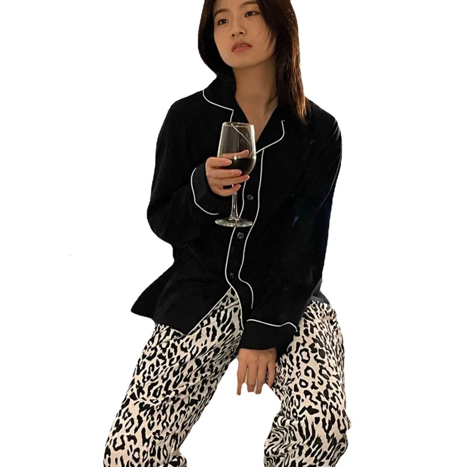 Spring and Summer New Korean Version of the Ladies Pajamas Homewear Black Leopard Cardigan Autumn and Winter Homewear Thin Suit Z250925