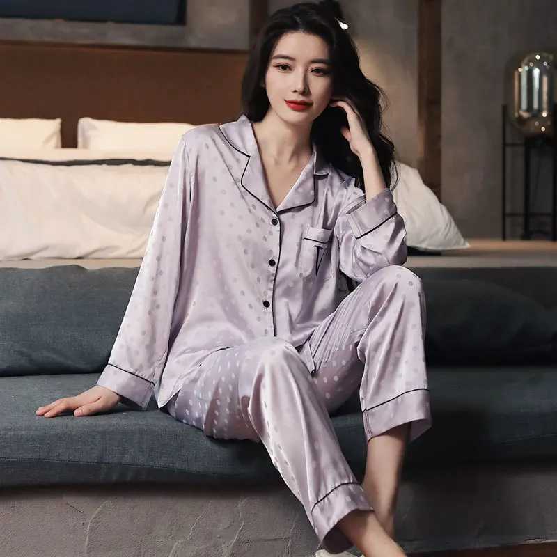 Jacquard Dot Women Sleepwear 2 Pieces Pajamas Set Satin Nightwear Casual Lounge Wear Autumn New Nightgown Pyjamas Homewear Z250925