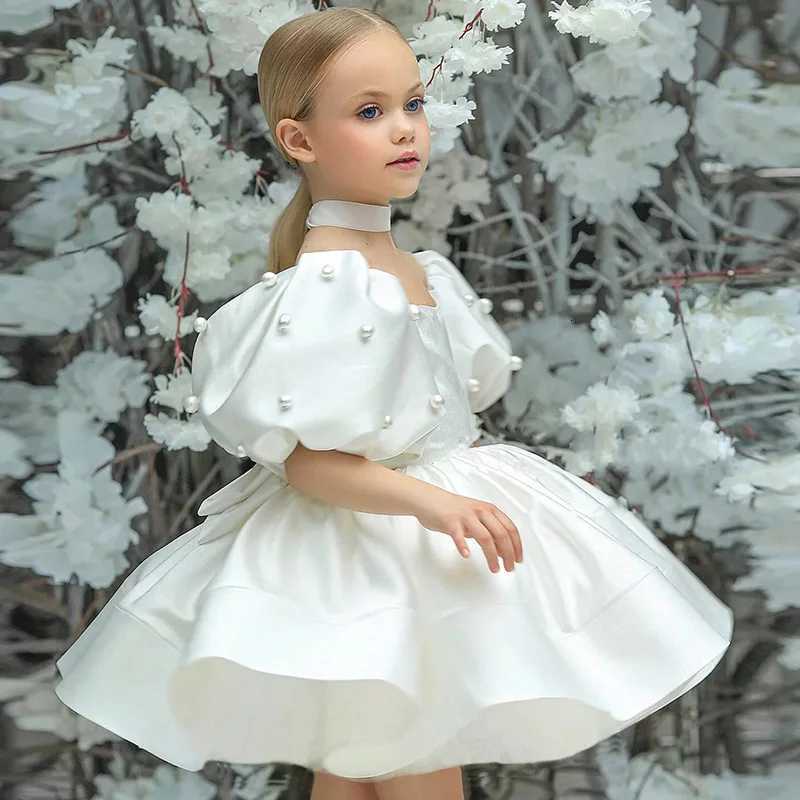 Kids Puffy Dress Pearl Decorated Girl Princess Dress Birthday Elegant Girls Party Dresses Childrens Solid Bridesmaid Costume Z250926