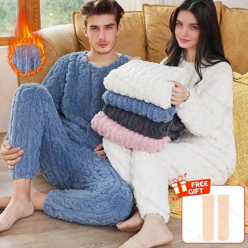 Autumn Winter Women Solid Warm 2 Piece Sets Thicken Velvet Ribbed Fleece Set Pullover And Pants Women Casual Pajama Sets Z250925