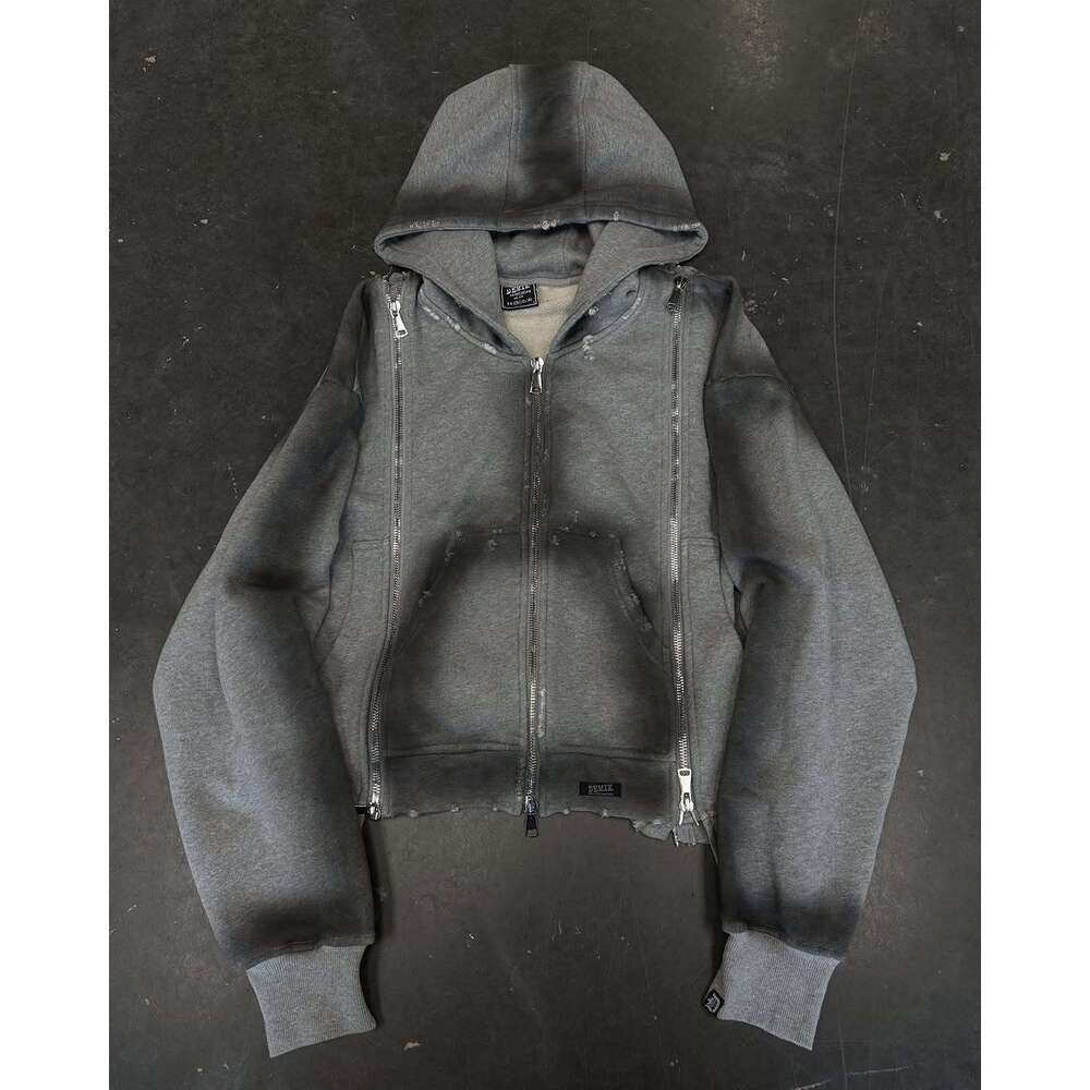 Gothic Fashion Hooded Cardigan Solid Color Hip-Hop Loose Hoodie Pants Jacket with Zipper Decoration