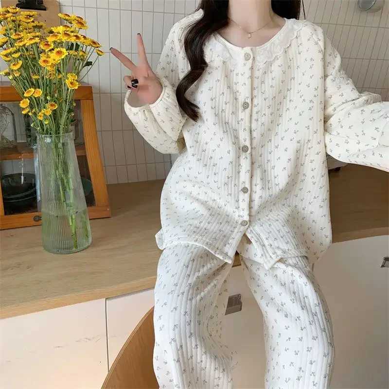 Floral Sleepwear Women Pajama Sets Winter Piiama Fleece Pants Sets 2 Pieces Korean Cute Lace Night Wears Warm Sleeping Home Suit Z250925