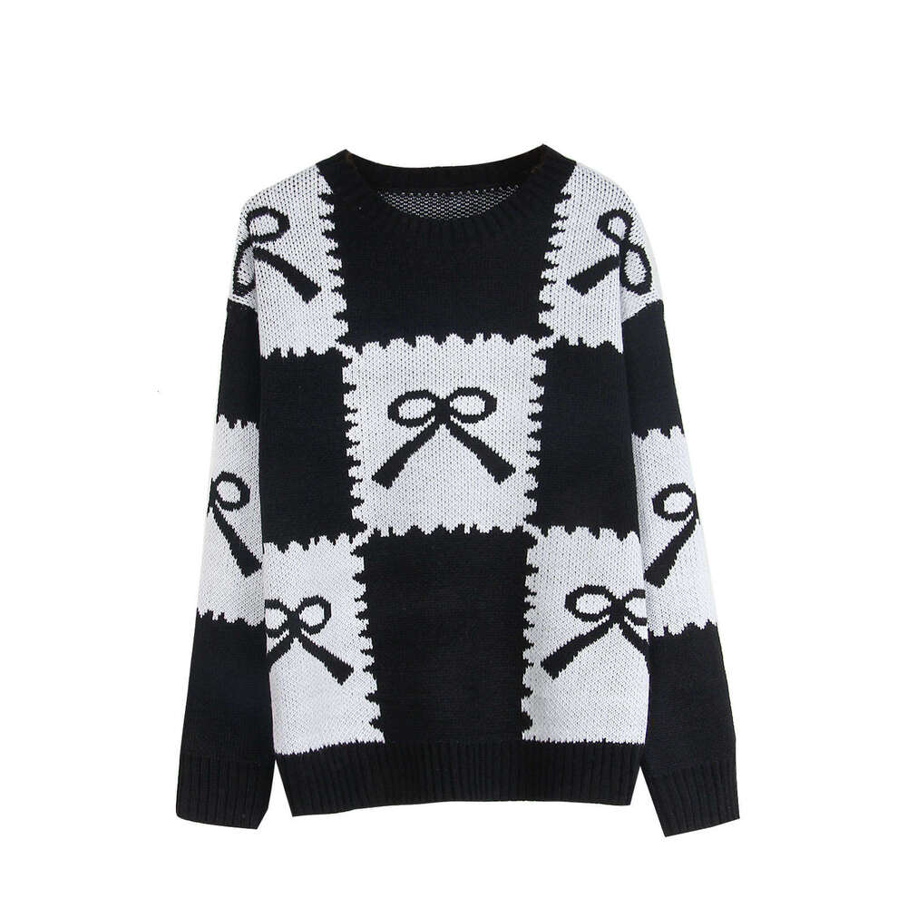 Autumn Winter New Christmas Women's Loose Knitted Sweater Checkered Bow Color-Block Pullover Top