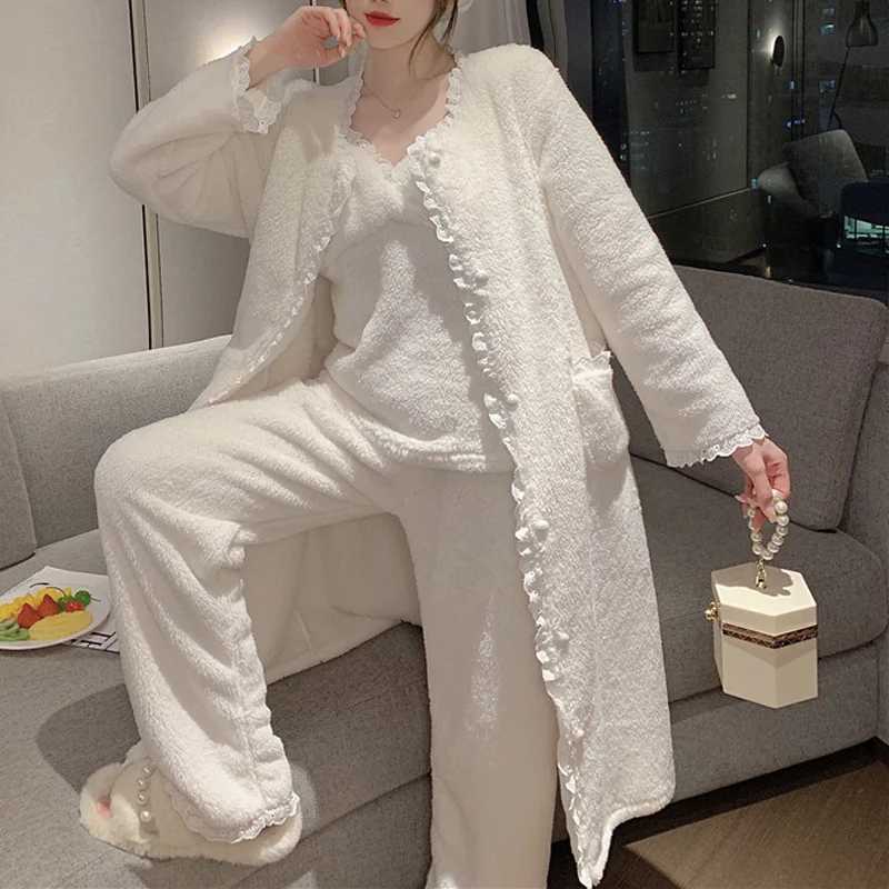 Winter Warm Coral Fleece 3PCS Pajamas Set Women Flannel Long Sleeve Top Trouser Sleep Suit Casual Home Clothes Z250925