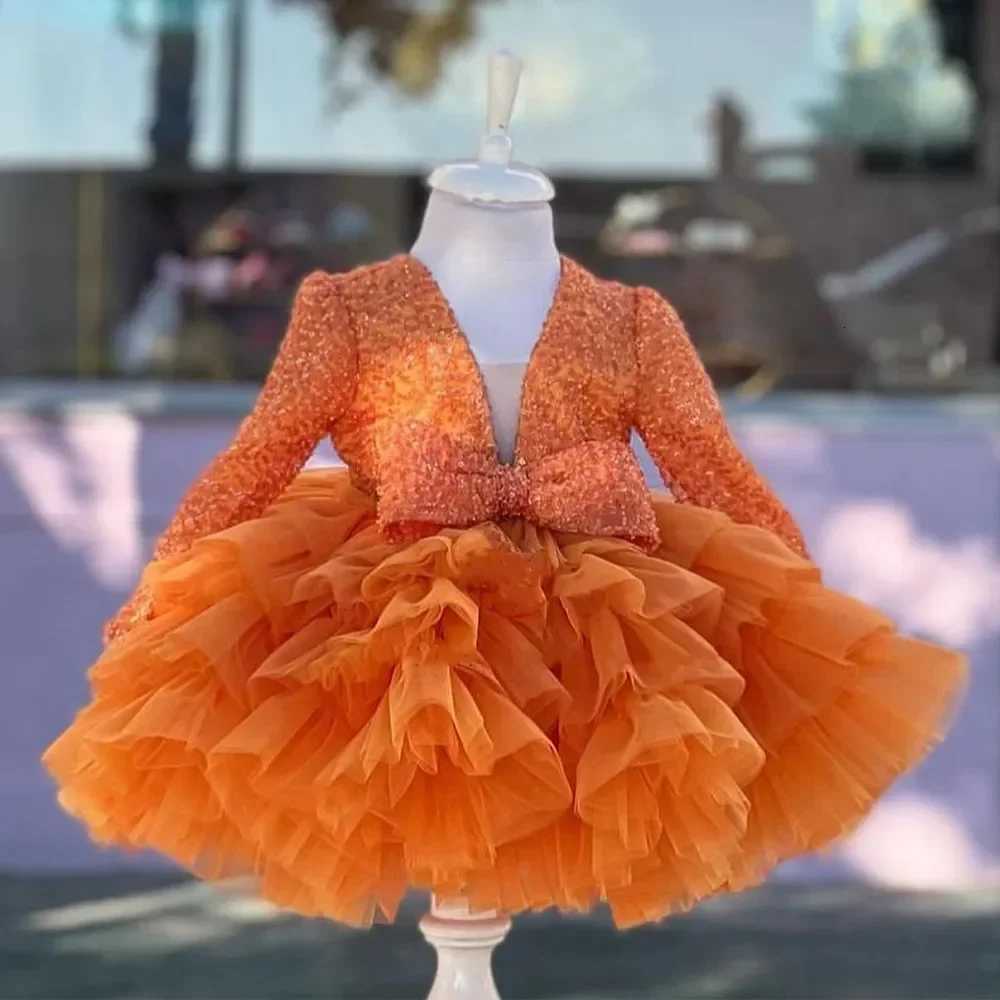 Luxurious Orange Baby Girls Dresses Layers Tulle Tiered Infant Girls Birthday Party Gown Christmas New Year Dress Gift 111Years Z250926