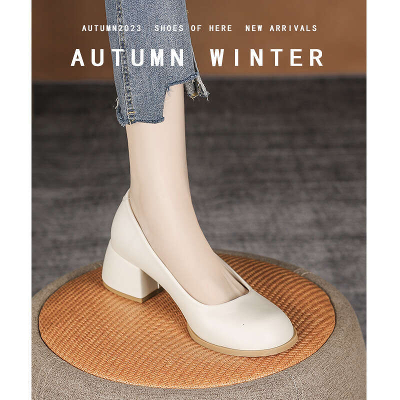 French Minimalist Designer Shoe Off-White Mary Jane 2025 Super Leather Shallow Mouth Single Shoes Chunky Heel High Heels Women New