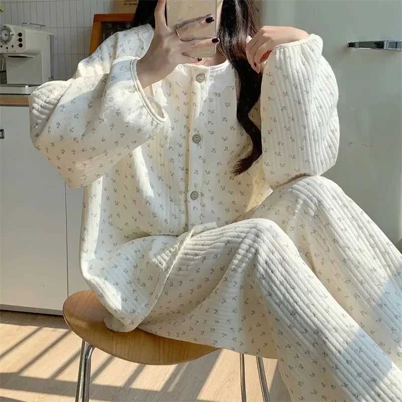 Floral Sleepwear Women Pajama Sets Winter Piiama Fleece Pants Sets 2 Pieces Korean Cute Lace Night Wears Warm Sleeping Home Suit Z250925