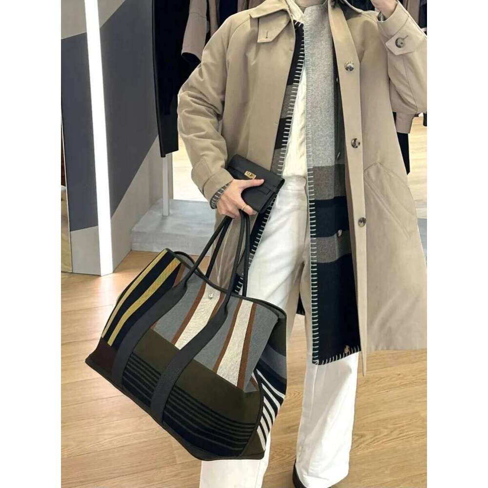 Stripe Color Blo Large Capaci Commuter Handheld Tote Women's Bag ular Trendy Sle Casual Handbag