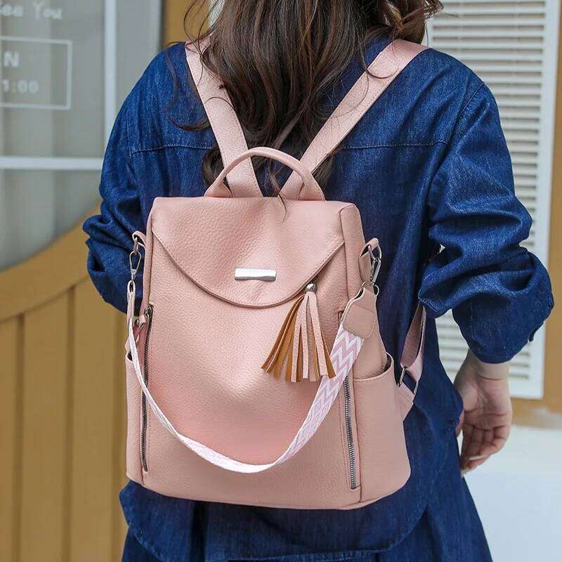 New Women's Fashion Soft PU Leather Anti Theft Travel Backpacks High Capacity Multifunctional Backpack Casual Tassels School Bag