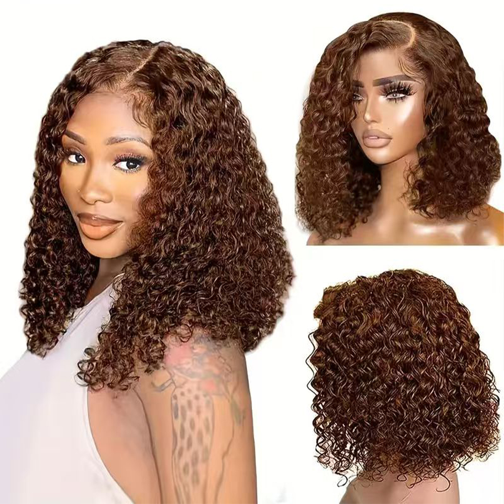 Chocolate Brown Bob Wig Human Hair 13x4 Deep Curly Wave Lace Frontal 4# Colored 180 Density Short Wigs for Women Pre Plucked with Baby Hair Natural Ha