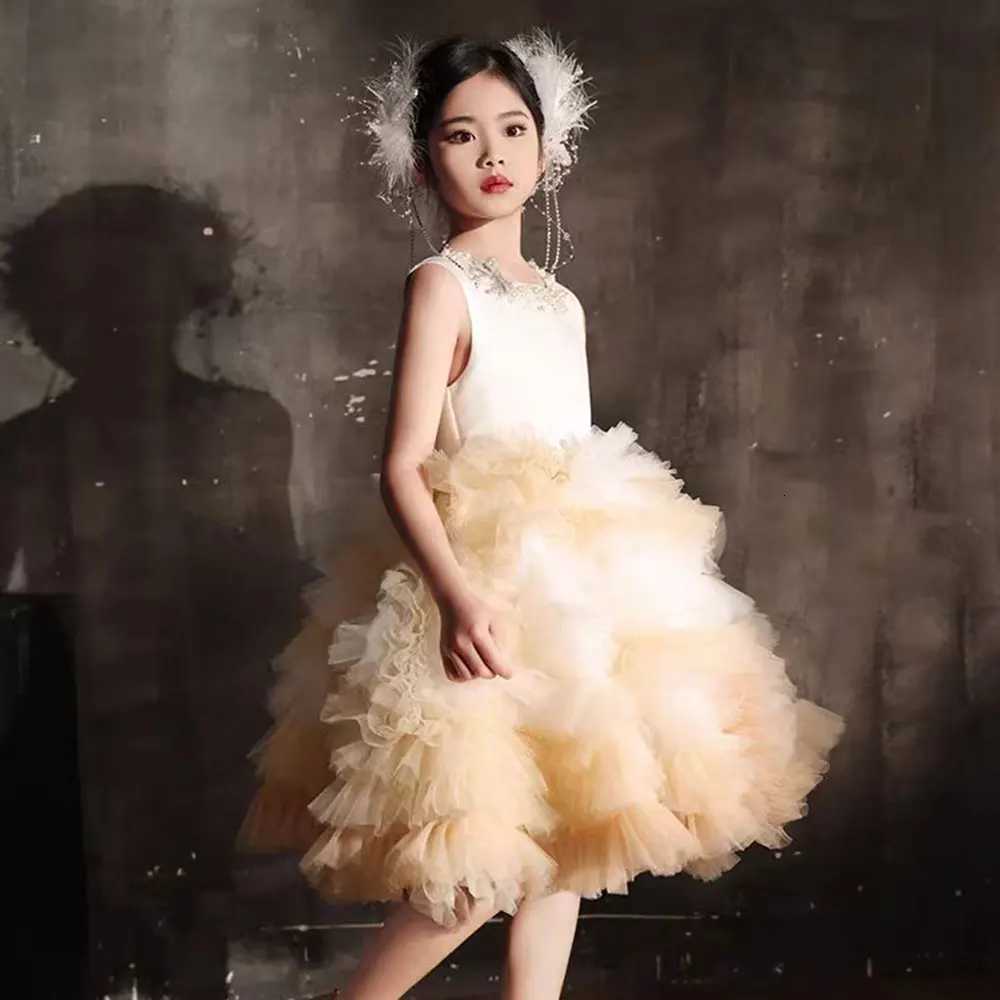 Jill J259 Luxury Champagne Arabic Girl Dress Pearls Dubai Kids Princess Birthday Wedding Party Children Holiday Gown 2025 Z250926