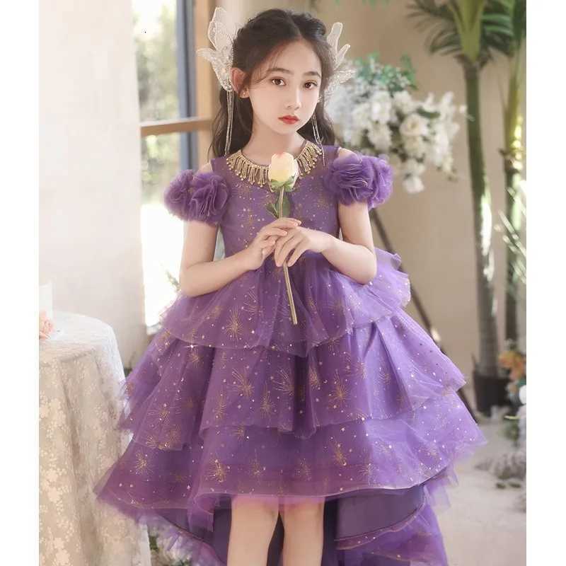 New girl purple dress sweet front short back long sweet princess dress host flower girl wedding piano performance dress Z250926