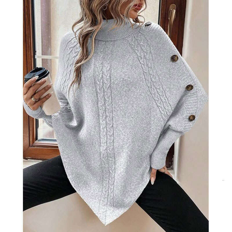 Autumn Winter New Sweater Women's Knitted Fashion Cable Knit High Neck Button Batwing Sleeve Top