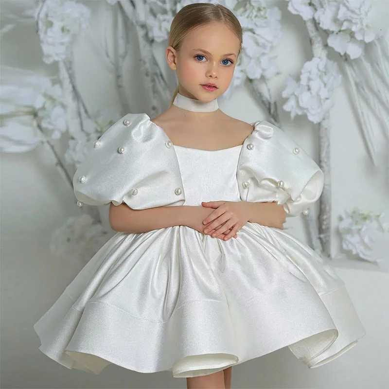 Kids Puffy Dress Pearl Decorated Girl Princess Dress Birthday Elegant Girls Party Dresses Childrens Solid Bridesmaid Costume Z250926