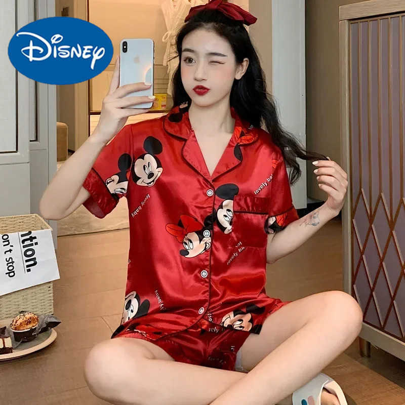 Disney Pajamas ladies summer mickey mouse shortsleeved nightgowns simulation silk sexy spring autumn sleepwear home clothing H250926