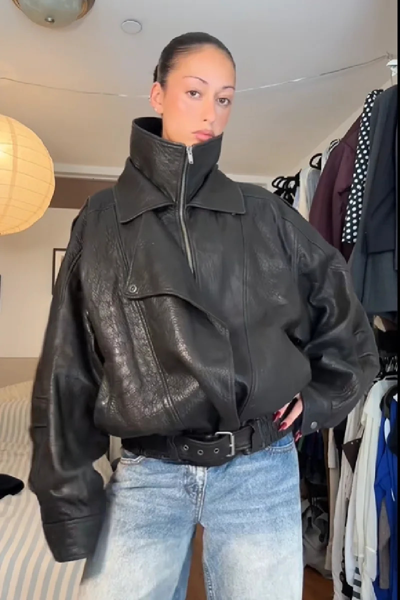 Fashion Womens Stand Collar Jacket Long Sleeve Casual Short WaistCinching Leather Coat 2025 Female Autumn Streetwears 250922