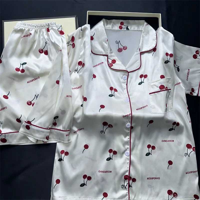 Cherries Print Two Pieces Pajamas Set Summer Faux Stain Pajamas Fashion Home Clothes Ladies Casual Shorts and Top Set Pijamas Z250925