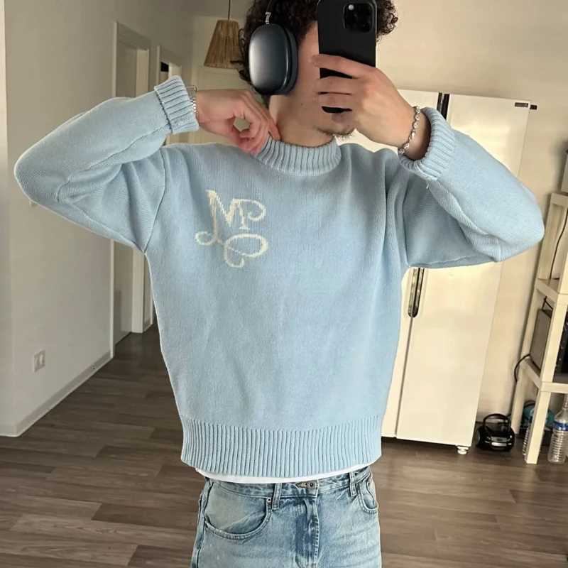 Y2K Retro Long Sleeve Sweater Signature M Pattern Pullover Men New Fashion High Street Casual Streetwear Boxy Knitted Top W250926