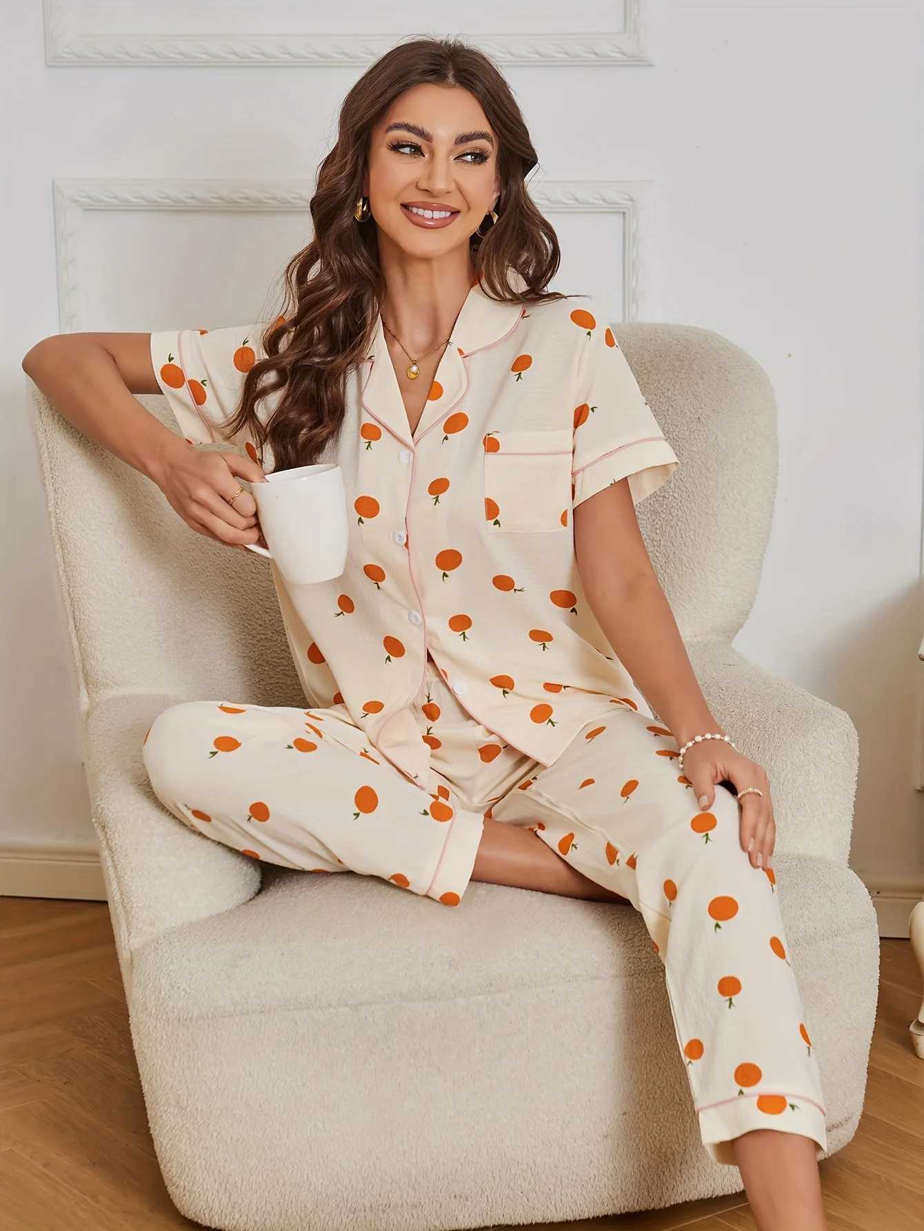 Allover Orange Print Pajama Set Casual Short Sleeve Buttons Lapel Top Elastic Pants Womens Sleepwear Z250925