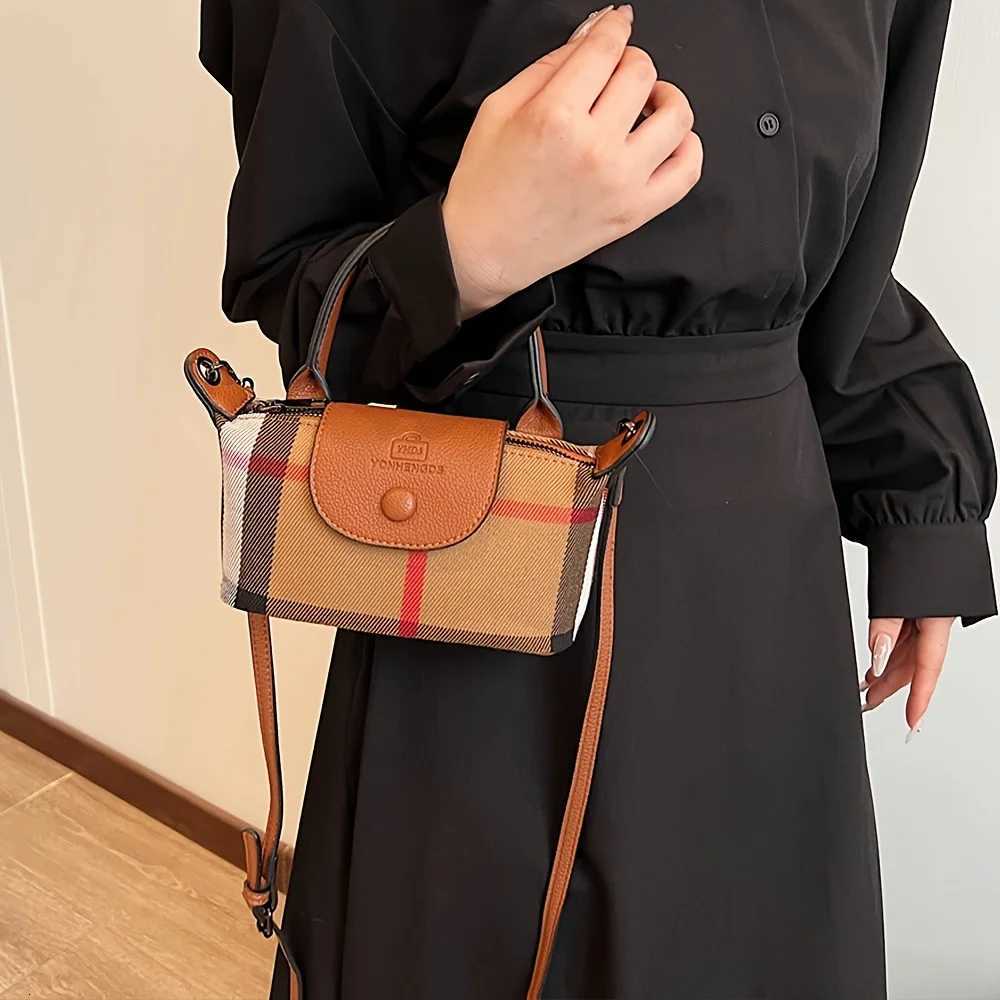 Retro Fashion Leather Small Bag Work Commute Casual Mini Tote Dumpling Bag Plaid CrossBody BagW250926