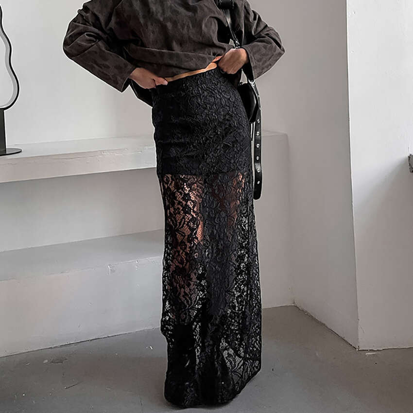 2025 Summer Sexy Hollow Lace Midi for Women Elegant A-line Long Skirt Little Black Dress with Design Sense Women's Fashion