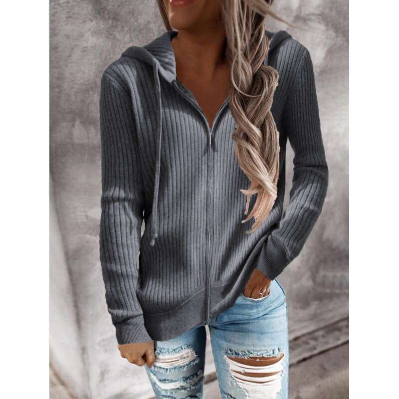 European and American Cross-Border Autumn Winter New Striped Casual Sweatshirt Loose Knitted Cardigan Zipper Long Sleeve Hooded Sweater for Women