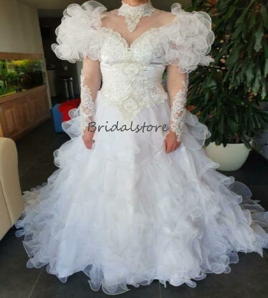 Costume 1980s Victorian Wedding Dress With Ruffles Sleeve Long Sleeve Organza Bridal Dress Tudor Lace Bustle Bride Dress 2025 Celtic Vestios De Novias