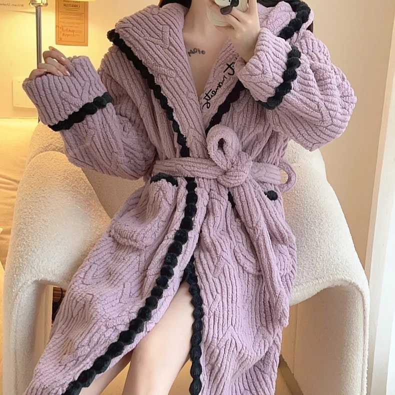 Womens Sexy Robe Coral Fleece Nightgown Female Autumn Winter Thickened Plush Warm Flannel Bathrobe Loose Casual Home Clothing Z250925