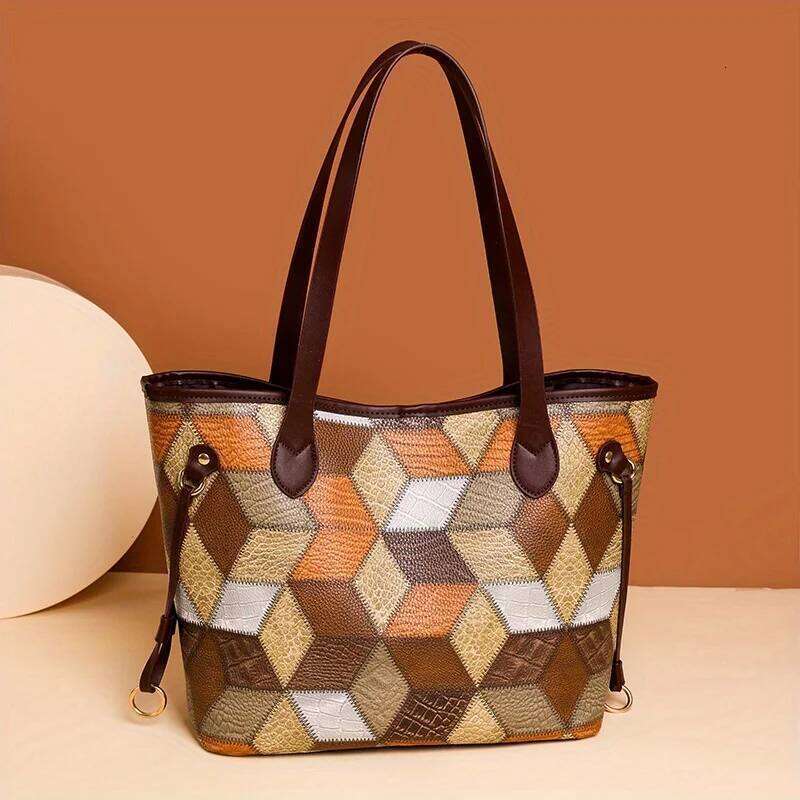 Ladies' Leather Patchwork Tote Contrasting Color Handbag Large Capacity Mother And Child Bag