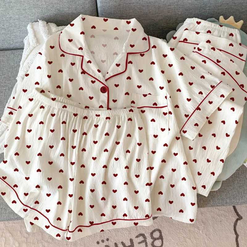 Women Summer Pajamas Threepiece Set Leisure Sleepwear Short Sleeve Lapel Sweet Heart Print Homewear Female Loose Loungewear Z250925