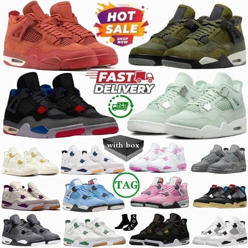With box 4 Basketball Shoes For Men Women 4s Sneaker Military Black Cat Pine Green Seafoam White Oreo Red Thunder Unc Bred Cacao Medium Olive Sail Mens Trainers Sports