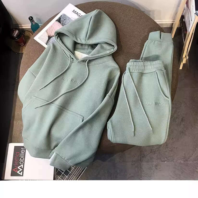 2025 Autumn Winter Fleece Lined Loose Hoodie Sweatshirt Jogger Pants Sports Casual Two-Piece Set Women