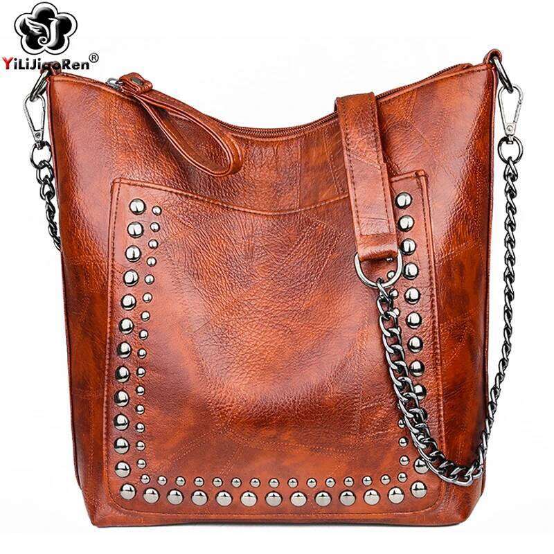 Designer Bag Retro Rivet Shoulder Chain Crossbody Bags For Leather Messenger Bag Women Large Handbag Lady Bolsas De Mujer