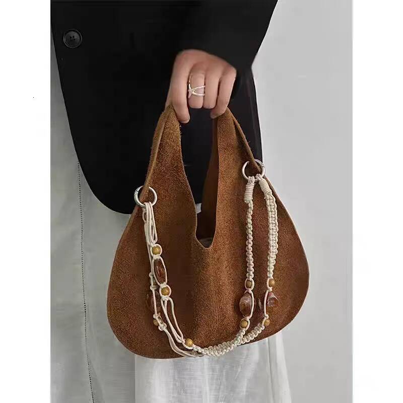 Brand Frosted Leather Handbag, Creative Beaded Strap Crossbody High-end Women's Shoulder Bag, Retro Wrist Bag Purse high-quality
