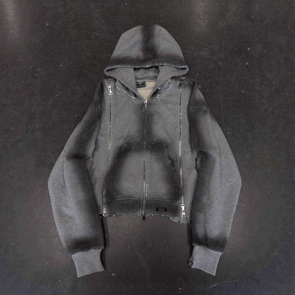 Gothic Fashion Hooded Cardigan Solid Color Hip-Hop Loose Hoodie Pants Jacket with Zipper Decoration