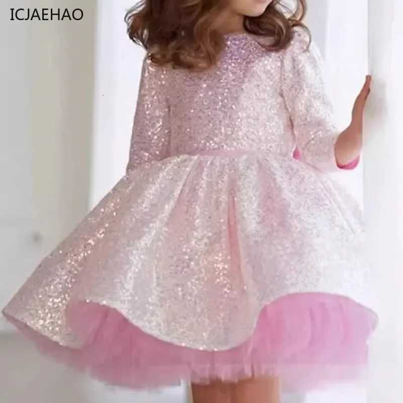 2025 New Pink Glittery Party Dress for Little Girls Puffy Tulle Girl Clothes for Eid Clothes Dresses Special Occasions Flower Z250926