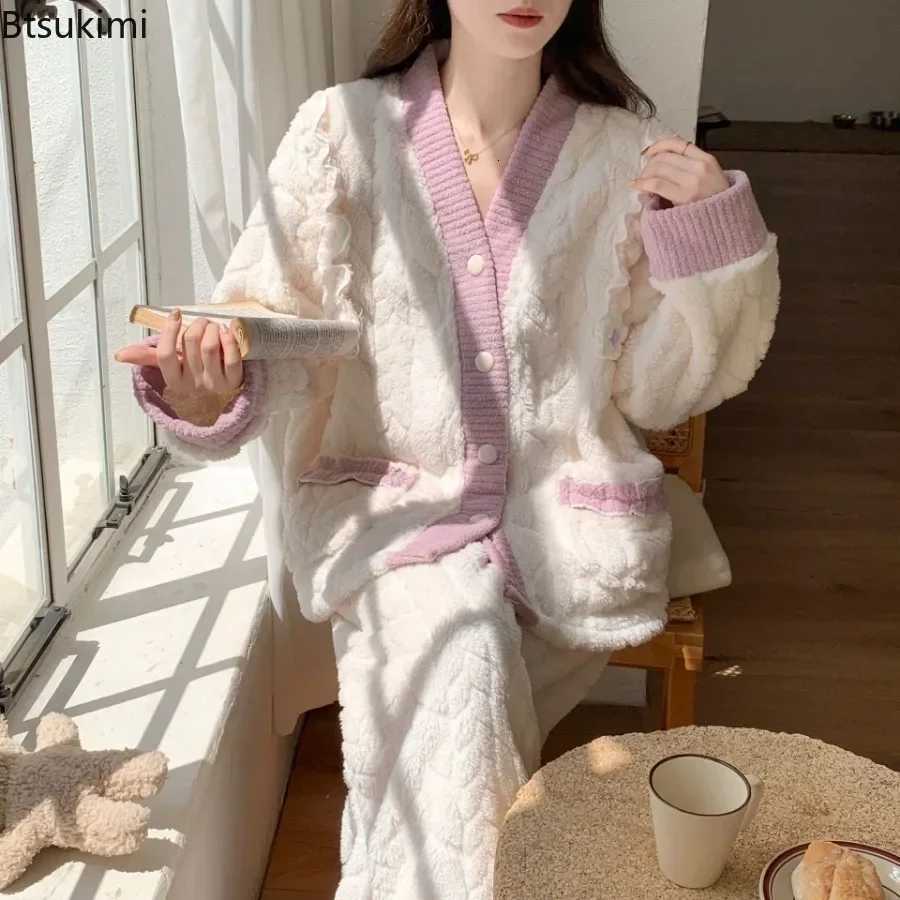 New 2025 Womens Coral Fleece Pajama Sets Autumn Winter Soft Padded Thickened Warm Homewear 2pcs Set Sweet Lounge Sleepwear Suit Z250925