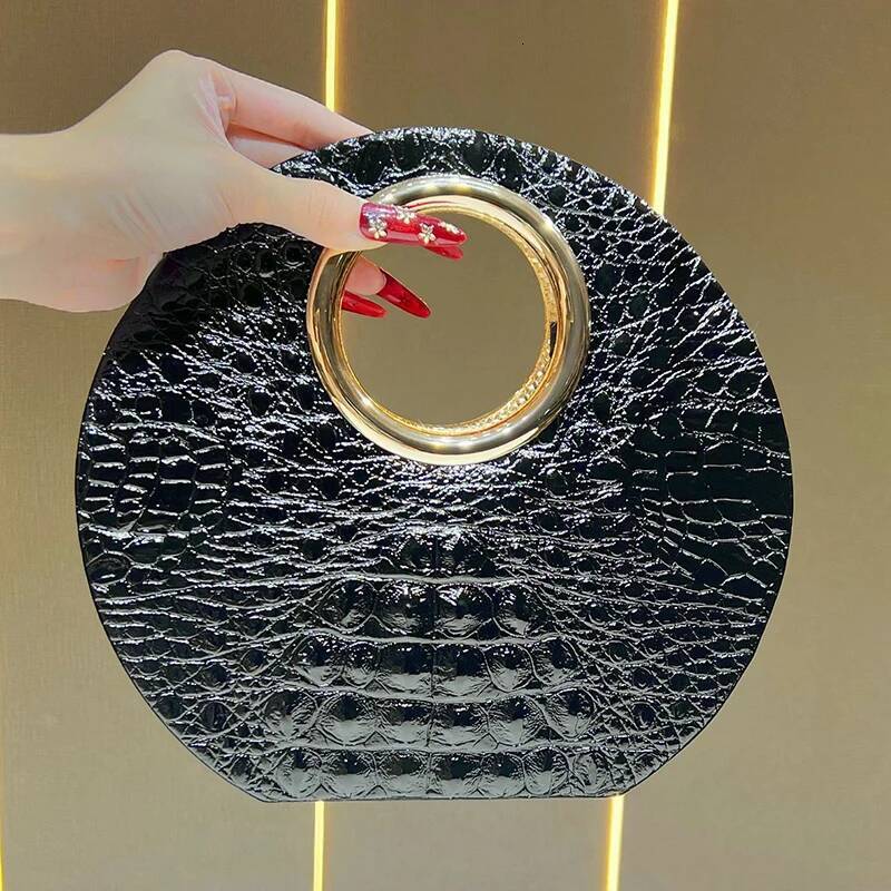 Women's Elegant Crocodile Pattern Round Black Handbag Chain Shoulder Crossbody Patent Leather Top Handle Bag high-quality