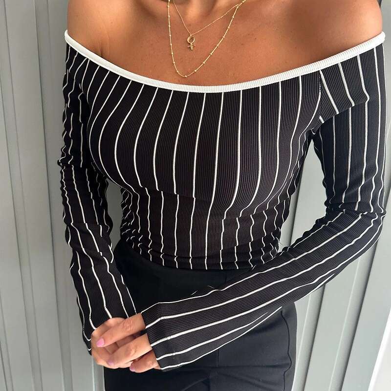 2025 Autumn Hot-Selling New Style Spicy Girl Striped Off-Shoulder Long Sleeve Casual Base Shirt Women's T-Shirt